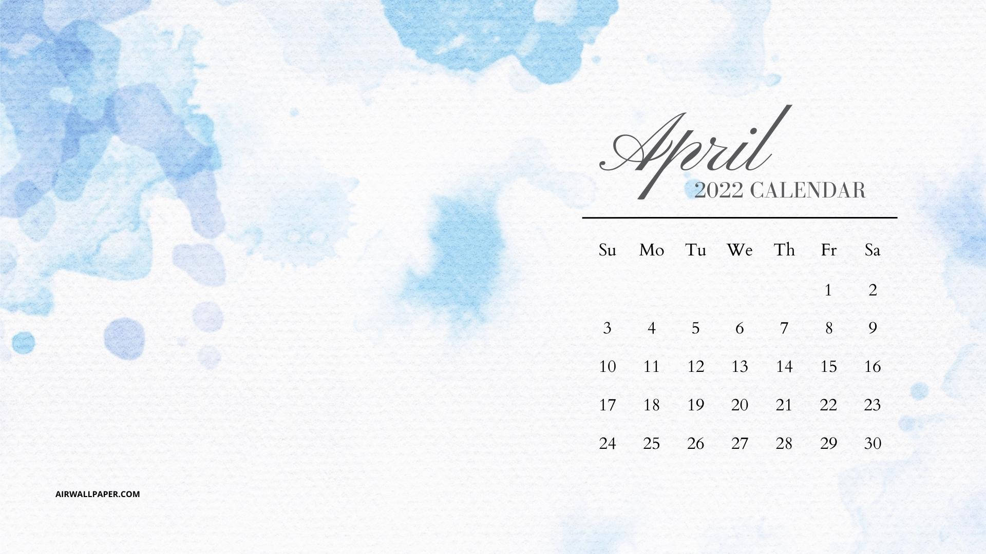 2022年4月日曆，帶有藍色水彩背景和優雅字體。