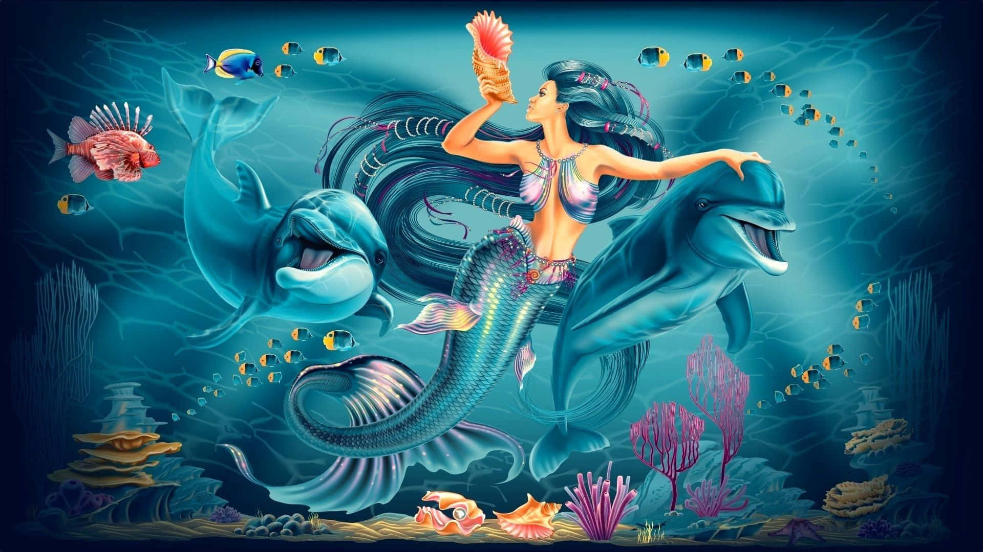 美人魚騎著海豚在色彩繽紛的珊瑚和熱帶魚之間水下暢遊。