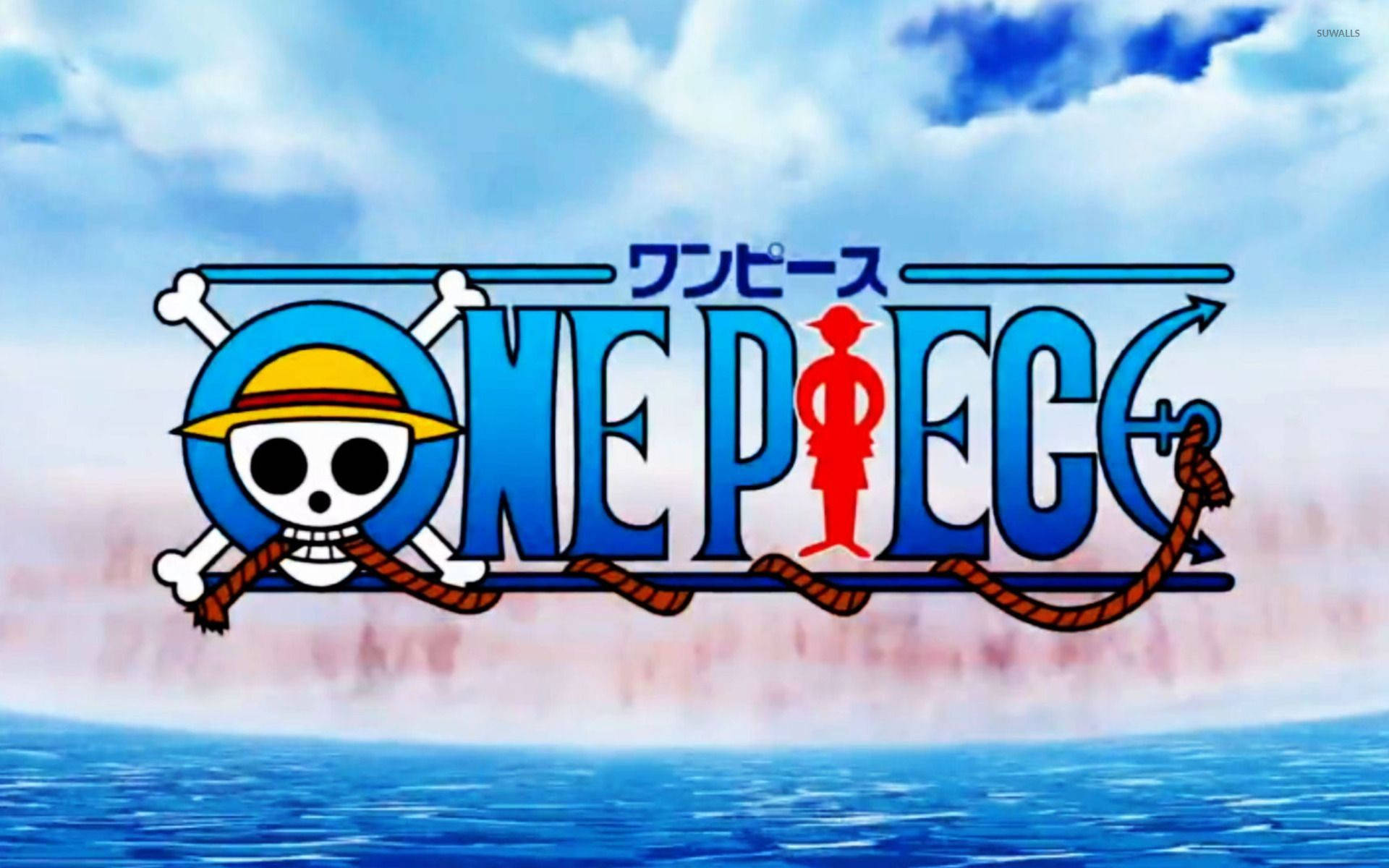One Piece 動畫標誌，骷髏頭和草帽在海洋和天空之上。