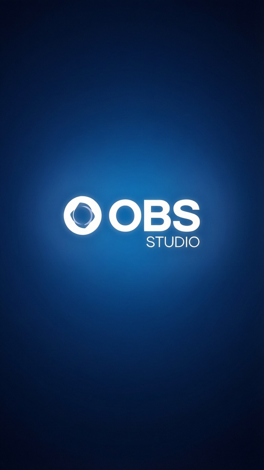 藍色漸層 OBS 壁紙 — 白色發光的 OBS Studio 標誌居中於漸變藍色背景上，帶有柔和的光暈。