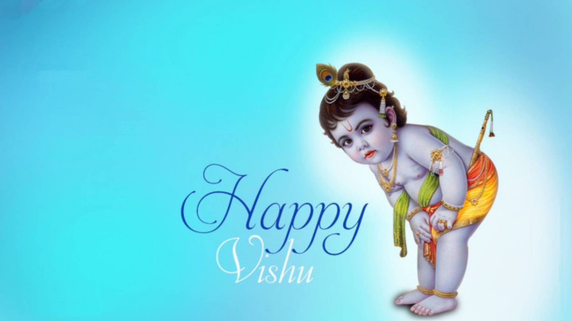 戴著孔雀羽毛皇冠和金飾的神聖孩子慶祝Vishu。