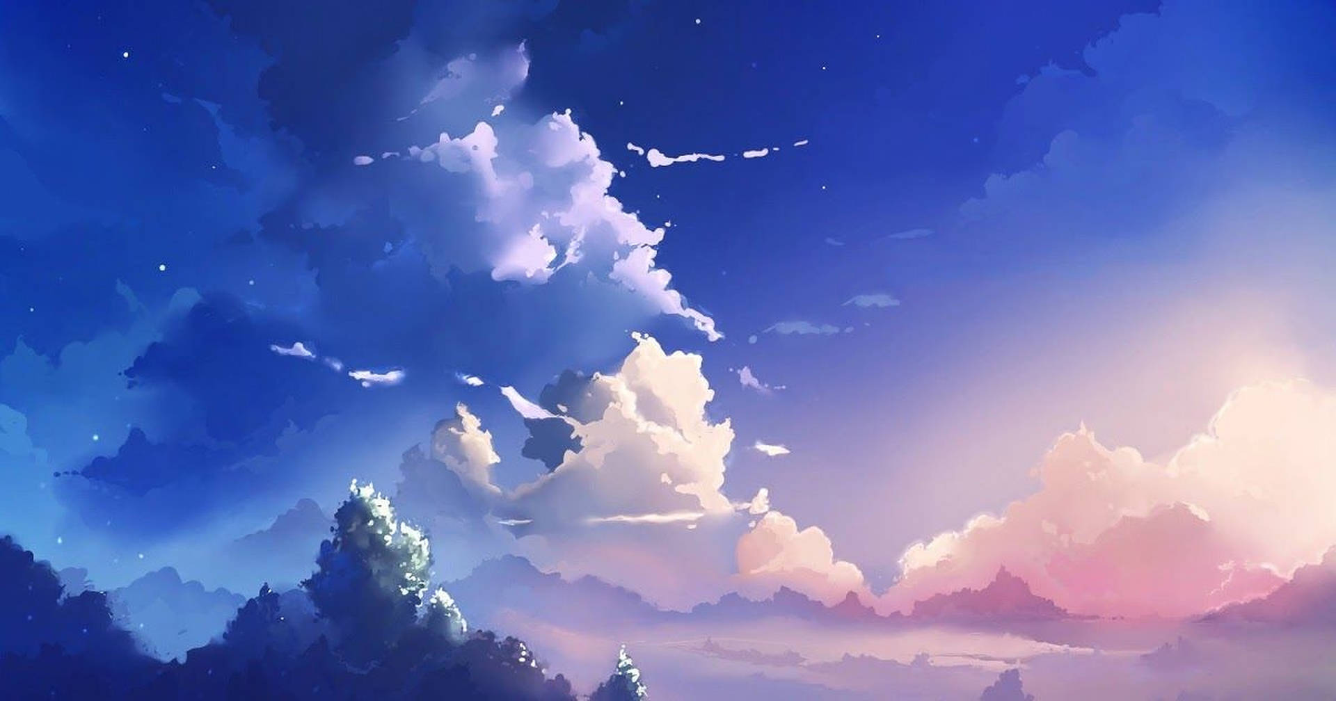 暮色天空，粉紅色和藍色雲彩，樹木剪影和星星