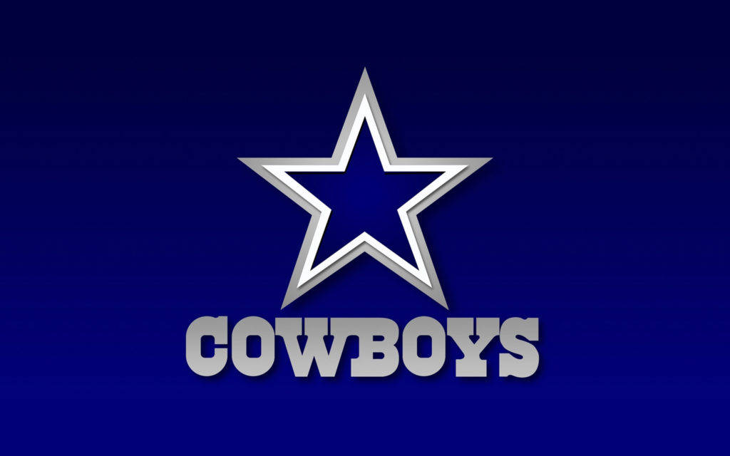 藍色漸層達拉斯牛仔隊標誌 壁紙 — 一個大膽的銀色星星和「COWBOYS」文字在深寶藍色漸變背景上閃耀。