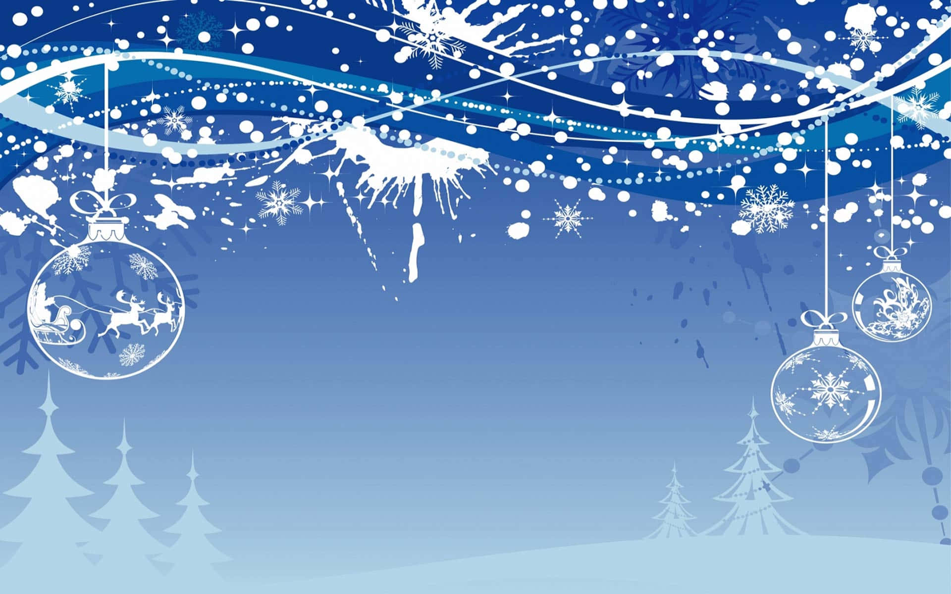 Winter Christmas 桌布 壁紙 — 藍色漸變冬日場景，懸掛雪花裝飾和剪影松樹，在旋轉節日圖案下。