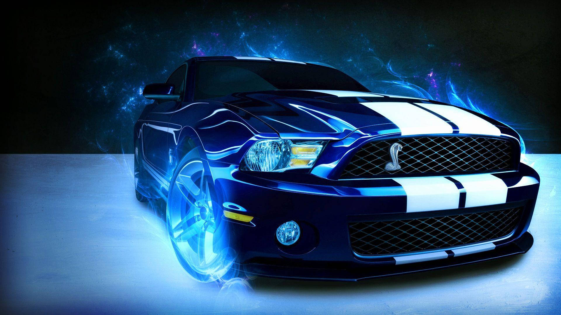 藍色火焰與白色條紋的消防車 壁紙 — 一輛時尚的藍色Shelby Mustang，帶有白色賽車條紋，在宇宙夜空背景下發出電光藍色能量。
