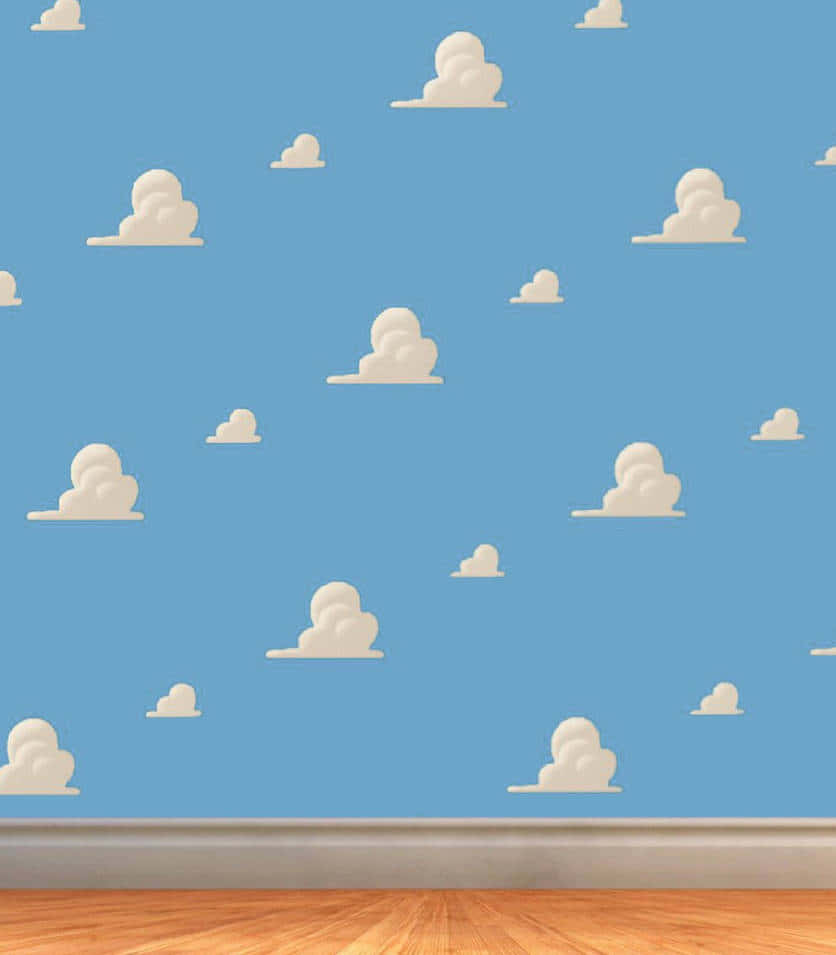 Toy Story Cloud 桌布 壁紙 — 藍色牆壁上裝飾著風格化的白色雲朵，下方是木地板和踢腳板。