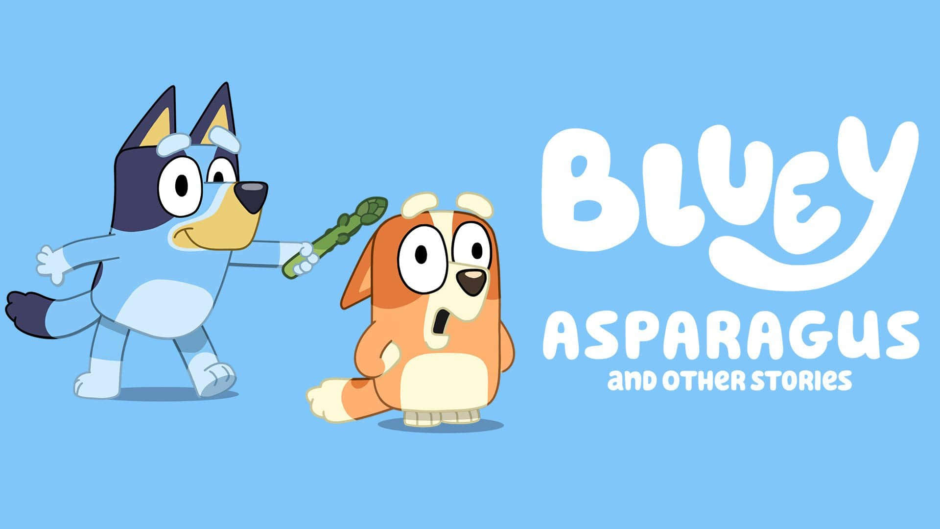 Bluey 桌布 壁紙 — 藍色狗Bluey向橙色狗Bingo遞上蘆筍，背景為純淺藍色。