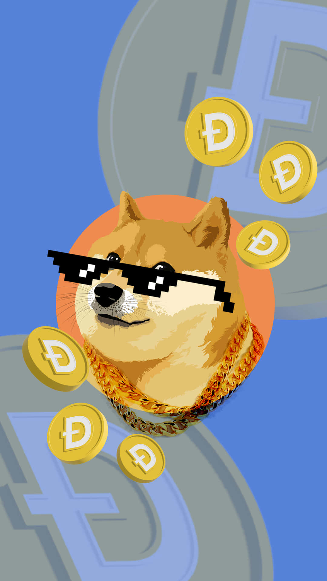 戴着太陽眼鏡和金鏈的柴犬與漂浮的Dogecoin代幣。