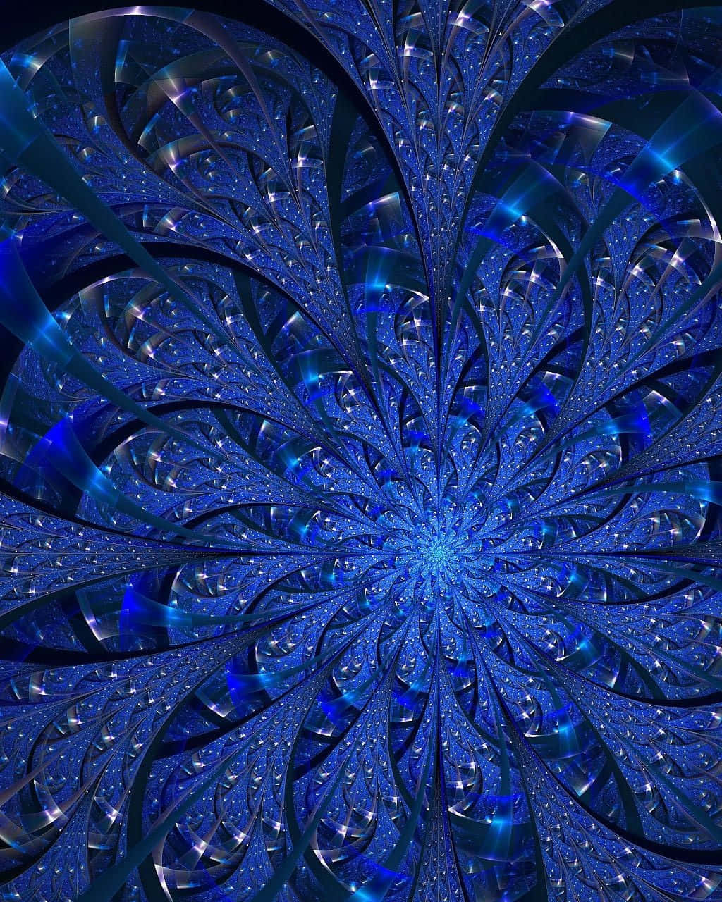 充滿活力的藍色分形藝術作品，帶有發光的高光和重複的幾何圖案。