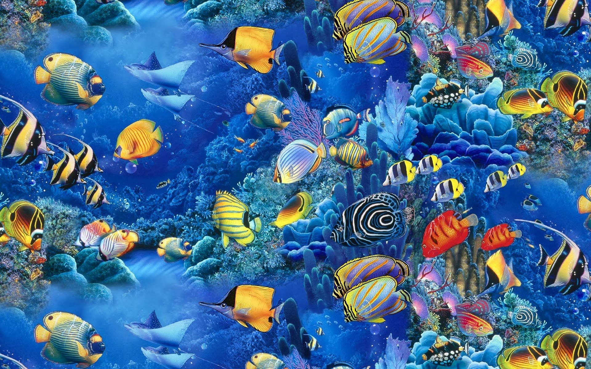 藍色珊瑚礁中的冷酷魚 壁紙 — 色彩繽紛的熱帶魚在深藍色海洋中游弋於多彩珊瑚礁之間。