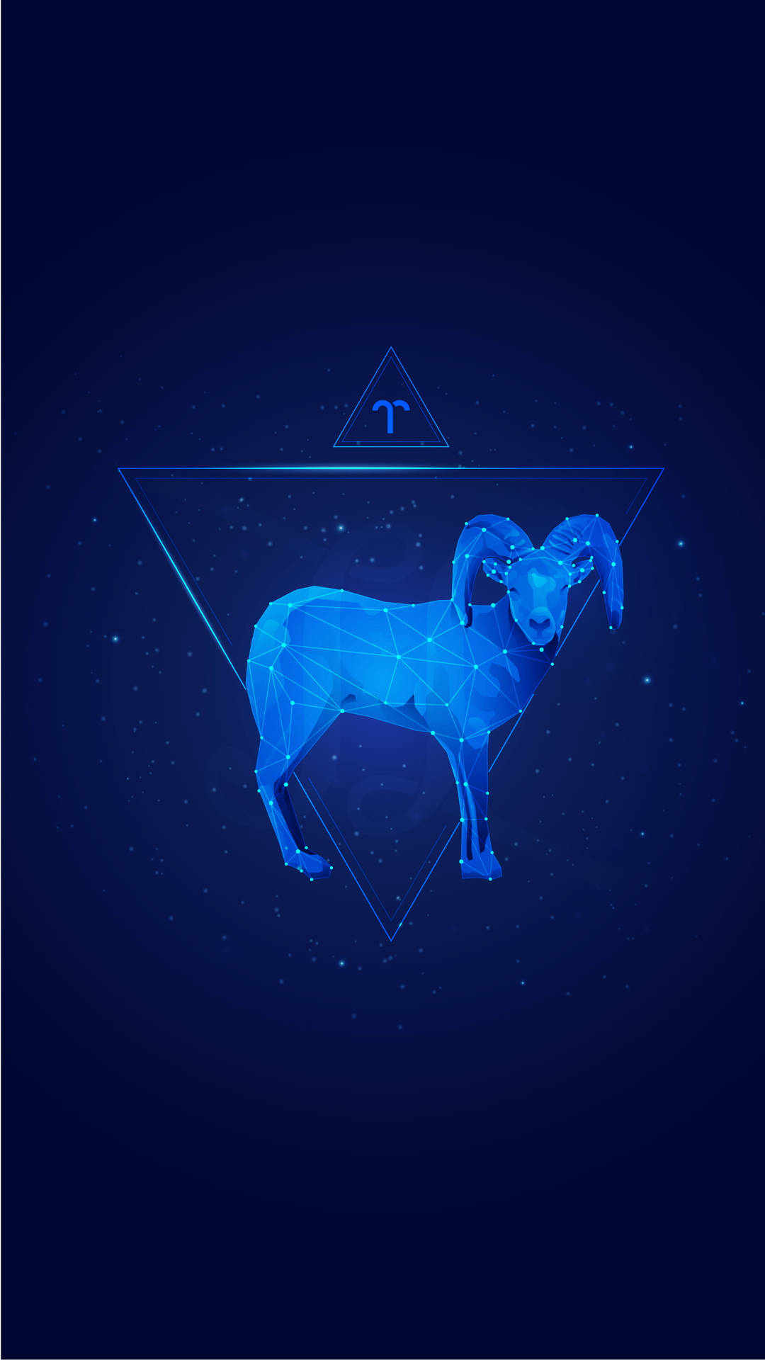 一個藍色幾何公羊星座在三角形內，背景是星空。