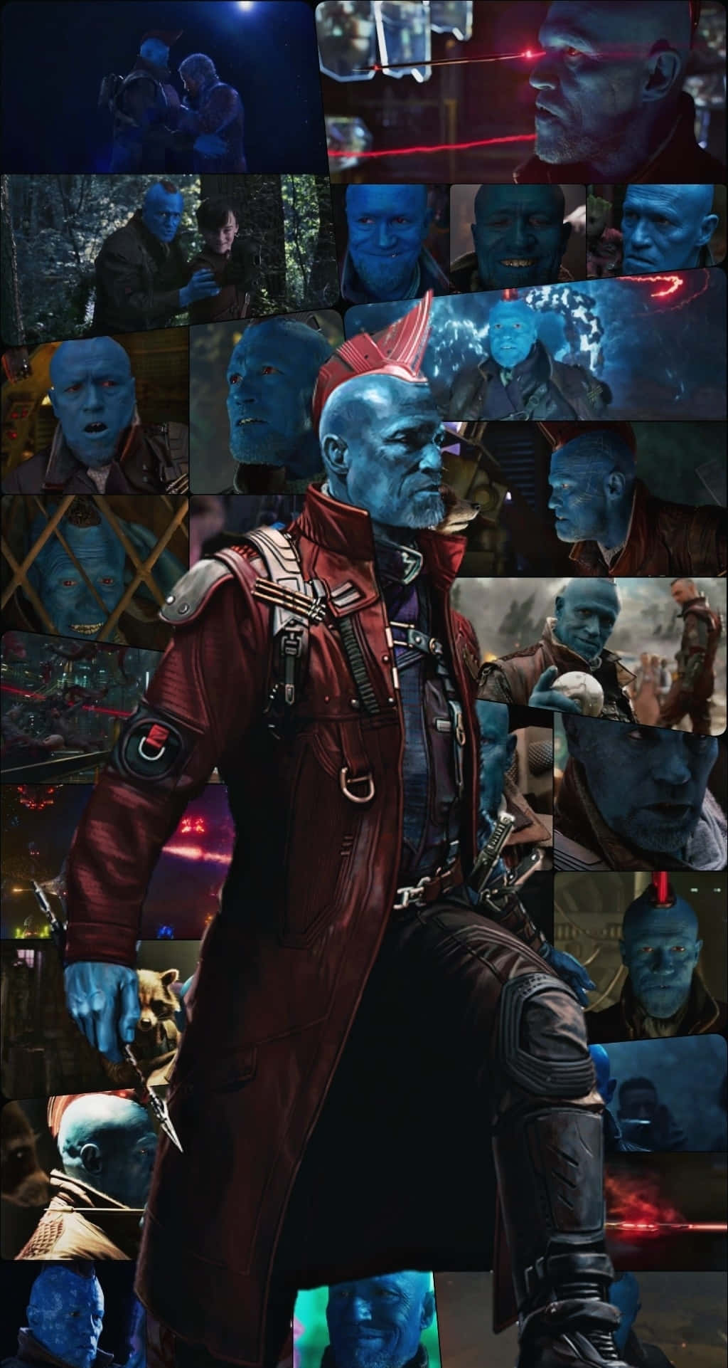 Yondu 桌布 壁紙 — 藍色皮膚外星角色在黑暗未來場景中的拼貼畫，帶有紅色燈光和科幻武器。