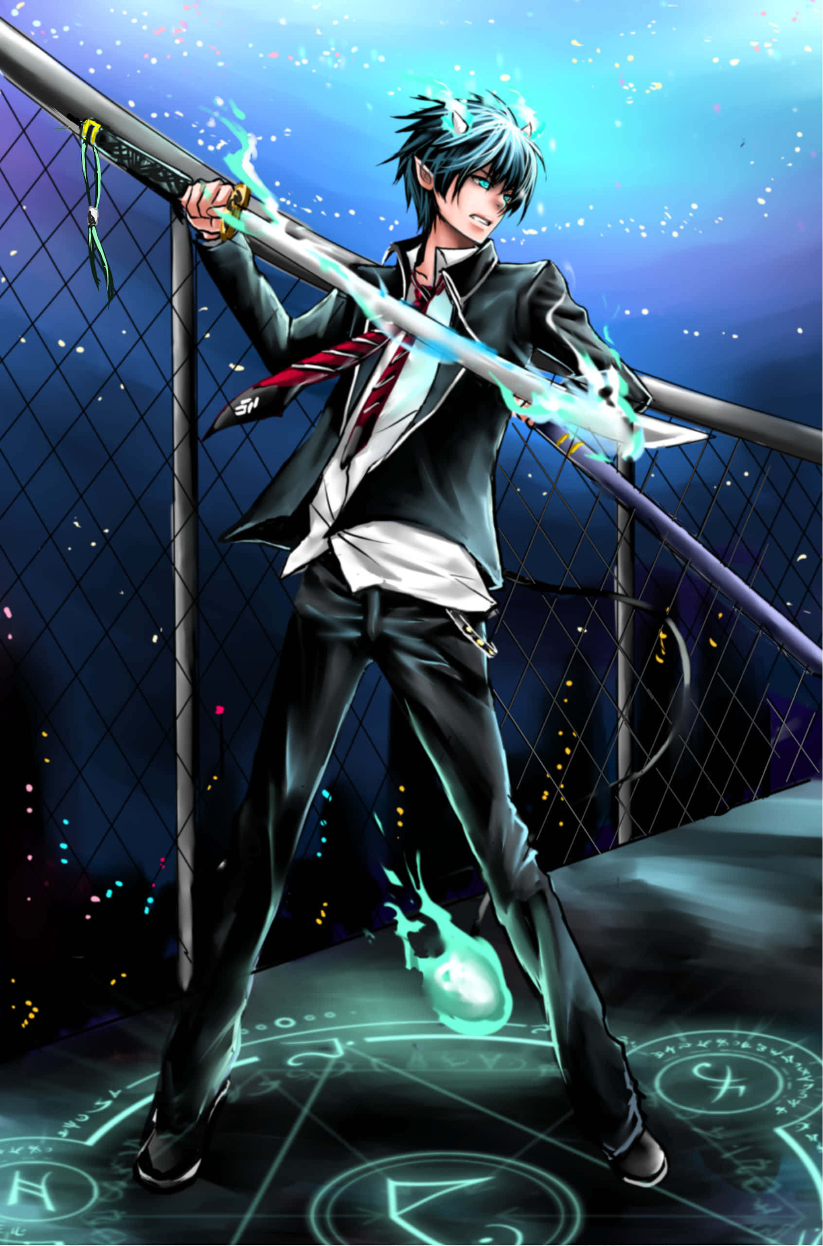 《藍色監獄》中的 Rin Okumura 壁紙 — 一個頭髮豎起的動畫男孩穿著校服，在星空下揮舞著發光的劍，劍下有一個魔法印記。