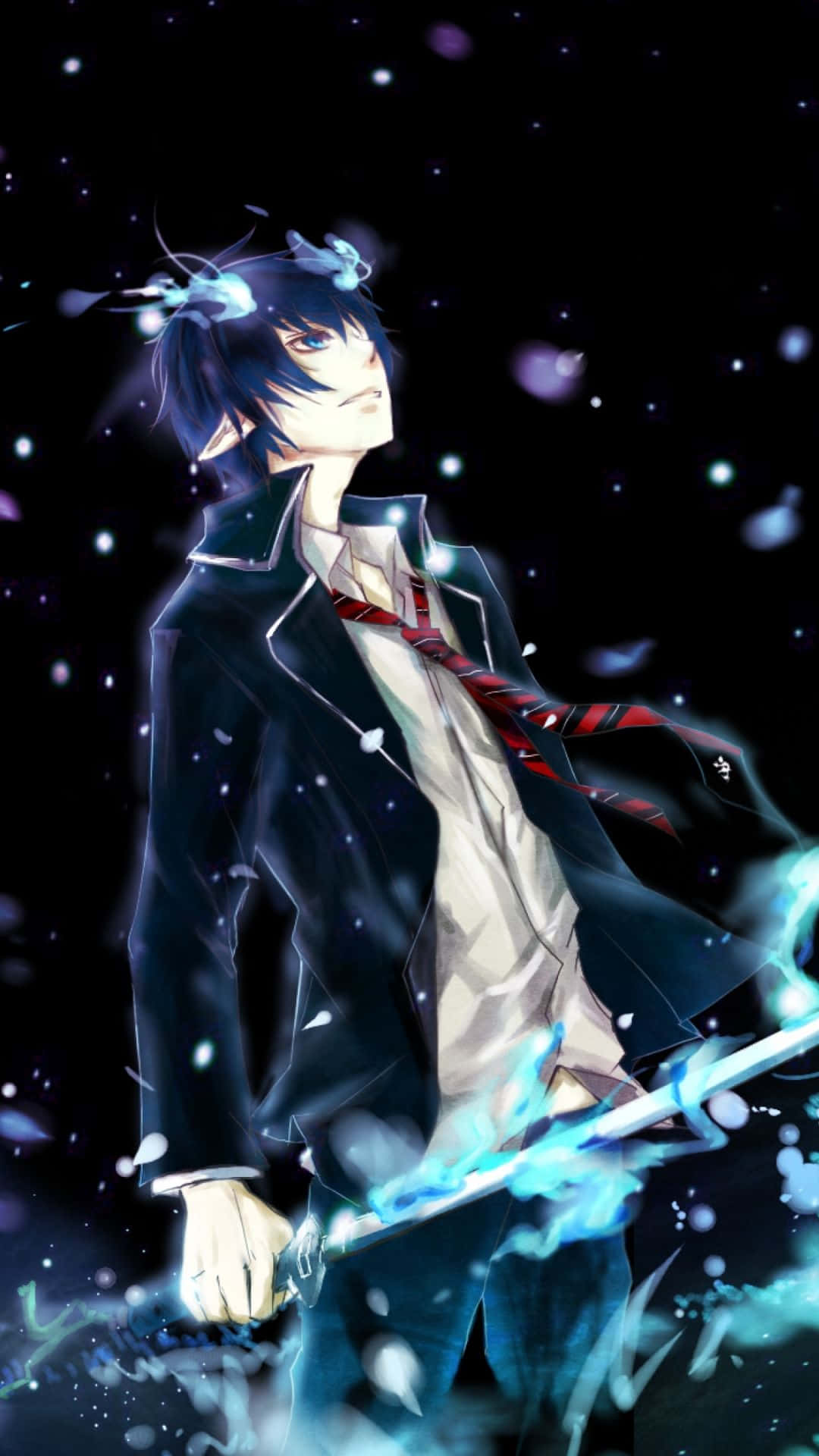 《藍色監獄》中的 Rin 與他的朋友們 壁紙 — 一個黑髮的動漫男孩穿著校服，在繁星點點的夜空下揮舞著發光的藍色劍，周圍有飄浮的花瓣。