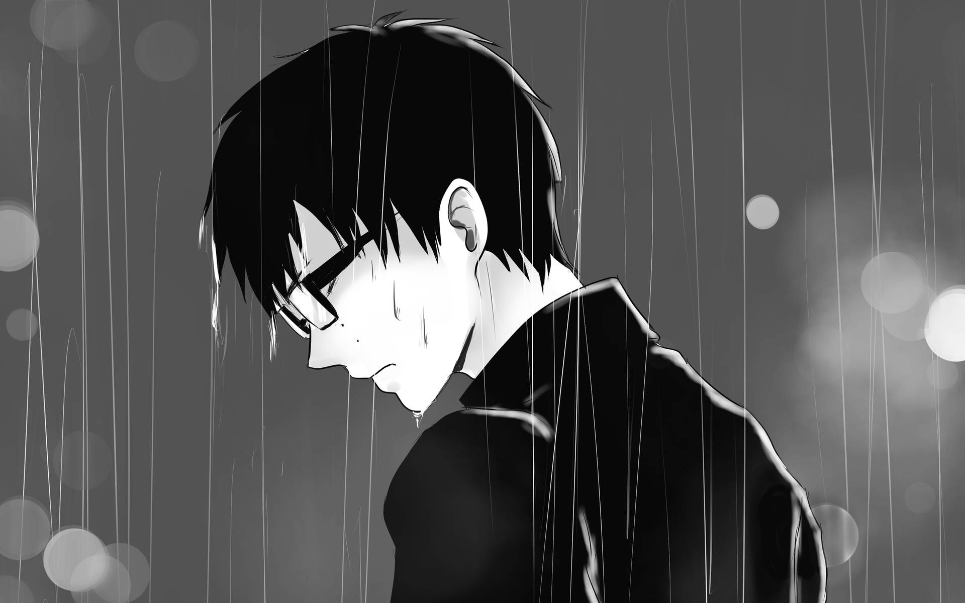 一個戴眼鏡的悲傷動漫男孩站在雨中，身後是模糊的城市燈光。