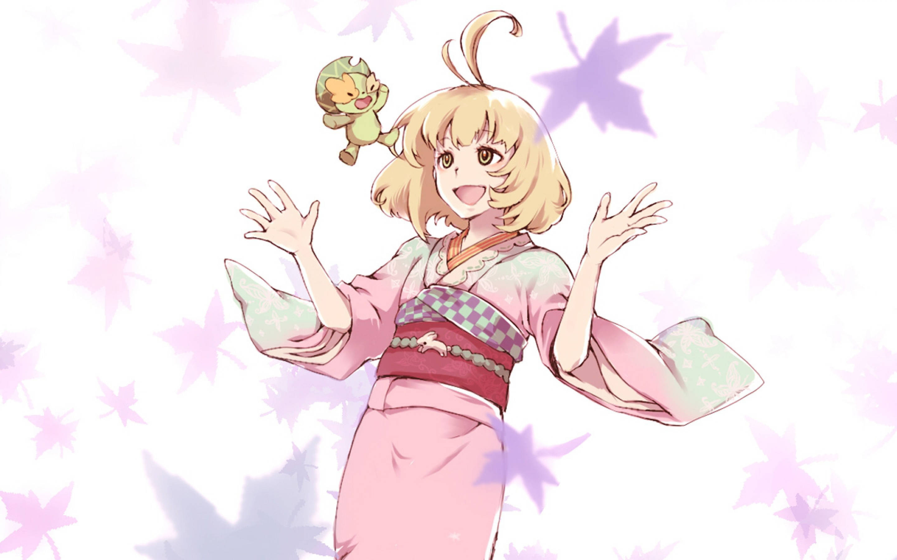 《藍色監獄》志美 壁紙 — 一個穿著粉紅色和服的開朗動畫女孩，在紫色楓葉飄落的背景下，與旁邊漂浮的小綠色生物一起揮手。