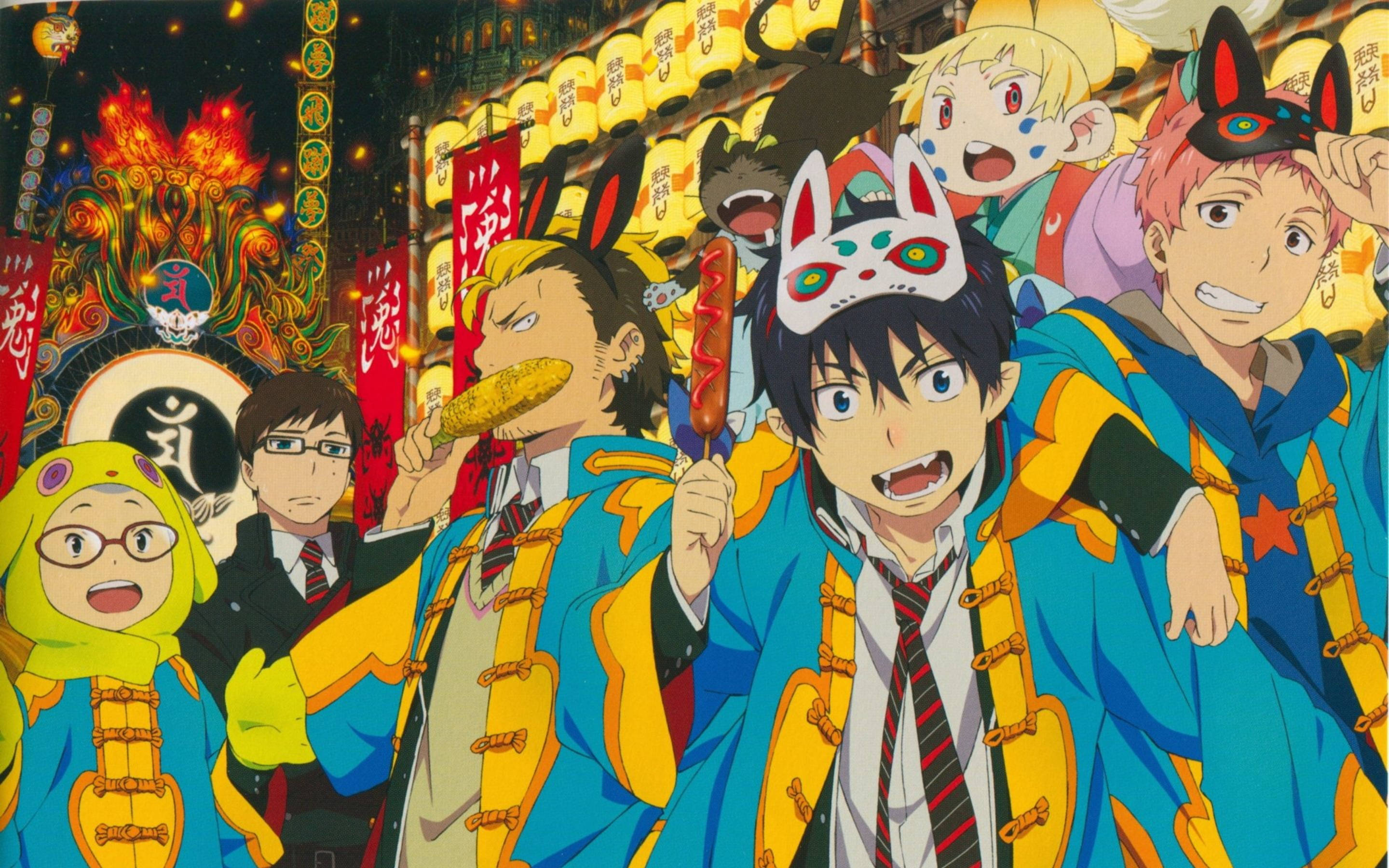 《藍色監獄》祭典氛圍 壁紙 — 動漫角色穿著喜慶的日本節日服裝，在發光的燈籠和火熱的裝飾背景下愉快地擺姿勢。