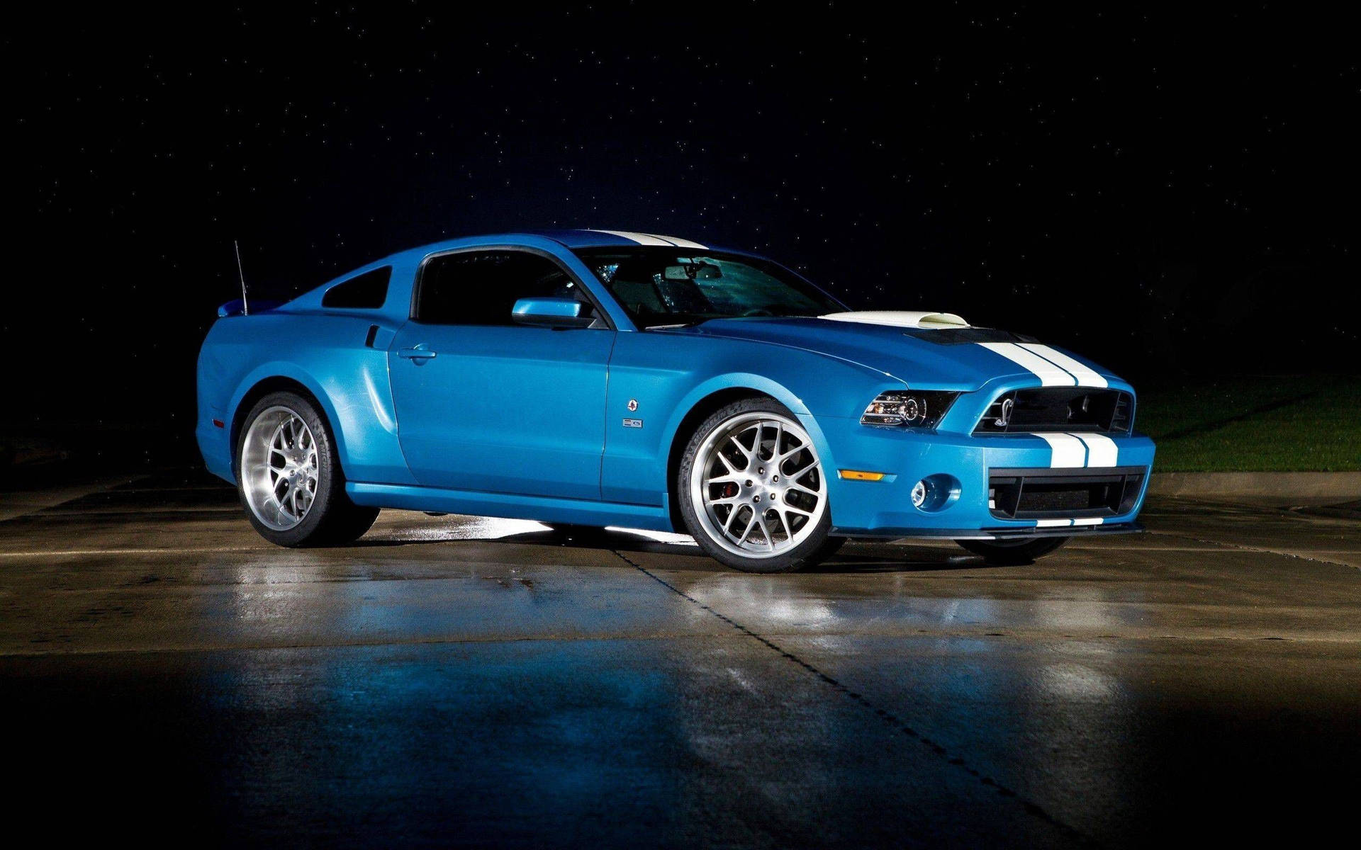 藍色Shelby Mustang帶白色條紋，夜間停在星空下潮濕的路面上。