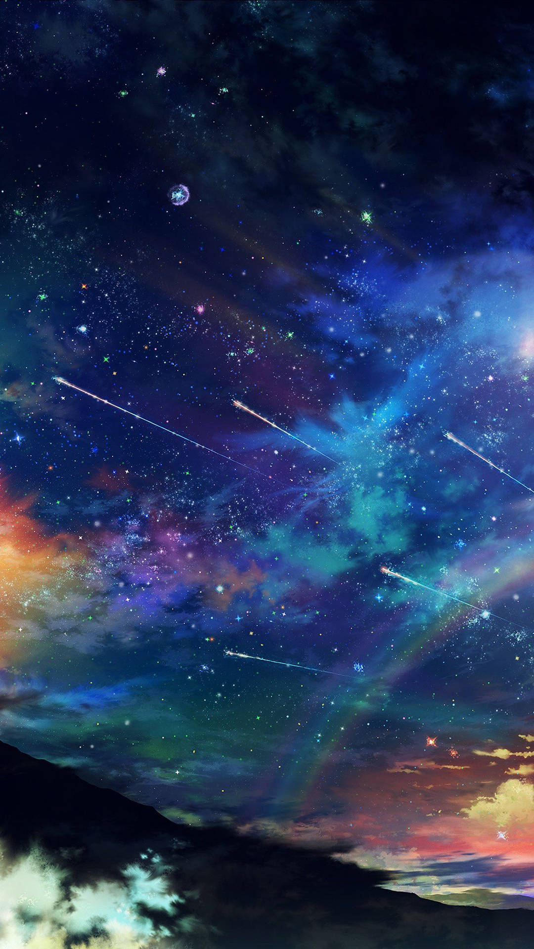 夜晚山脈輪廓上方，充滿活力的宇宙天空，有流星和彩色星雲。