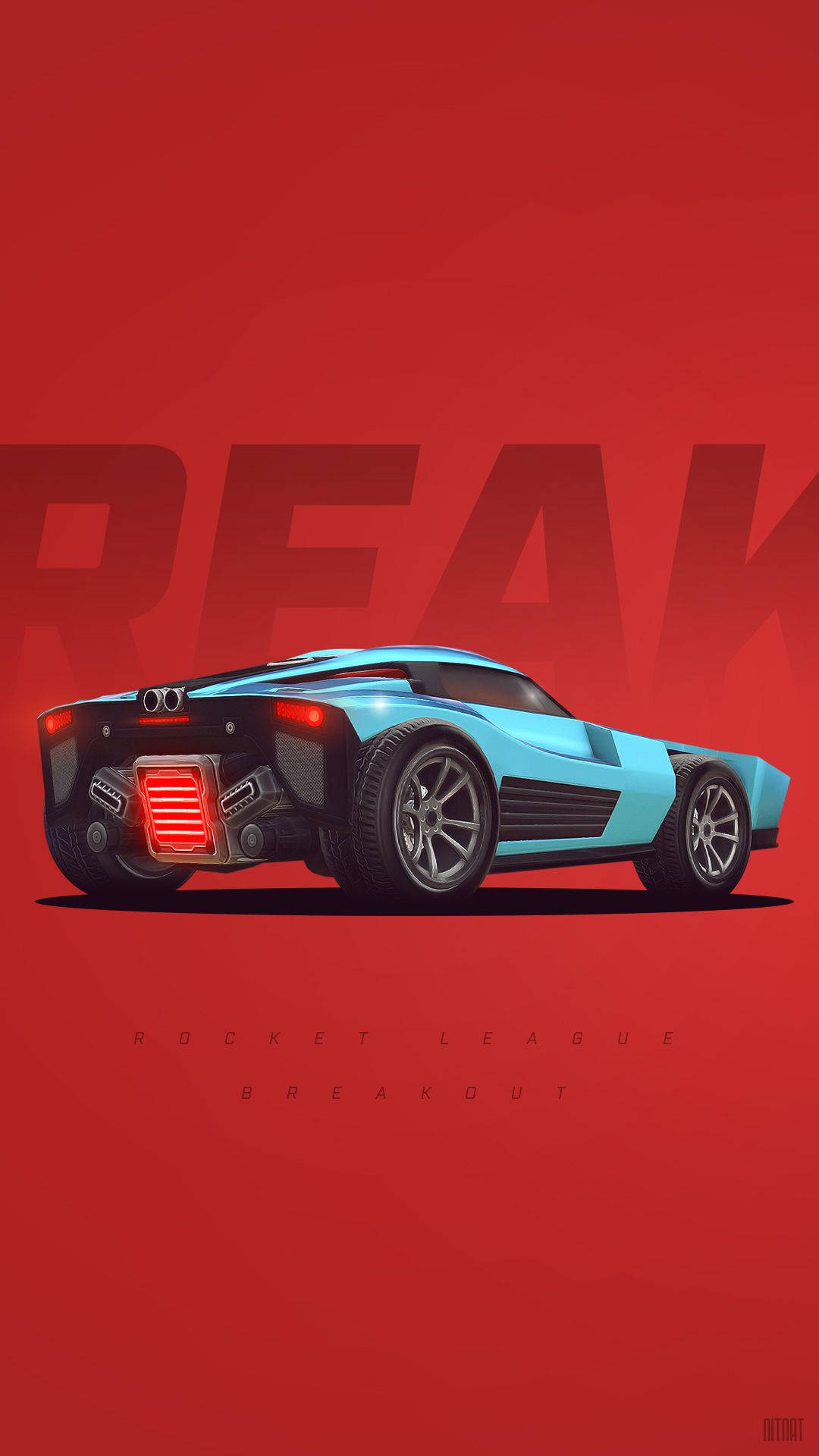 藍色突破車 Rocket League iPhone 壁紙 — 一輛時尚的青色跑車，帶有發光的紅色排氣管和醒目的「BREAK」文字，背景為鮮豔的紅色。