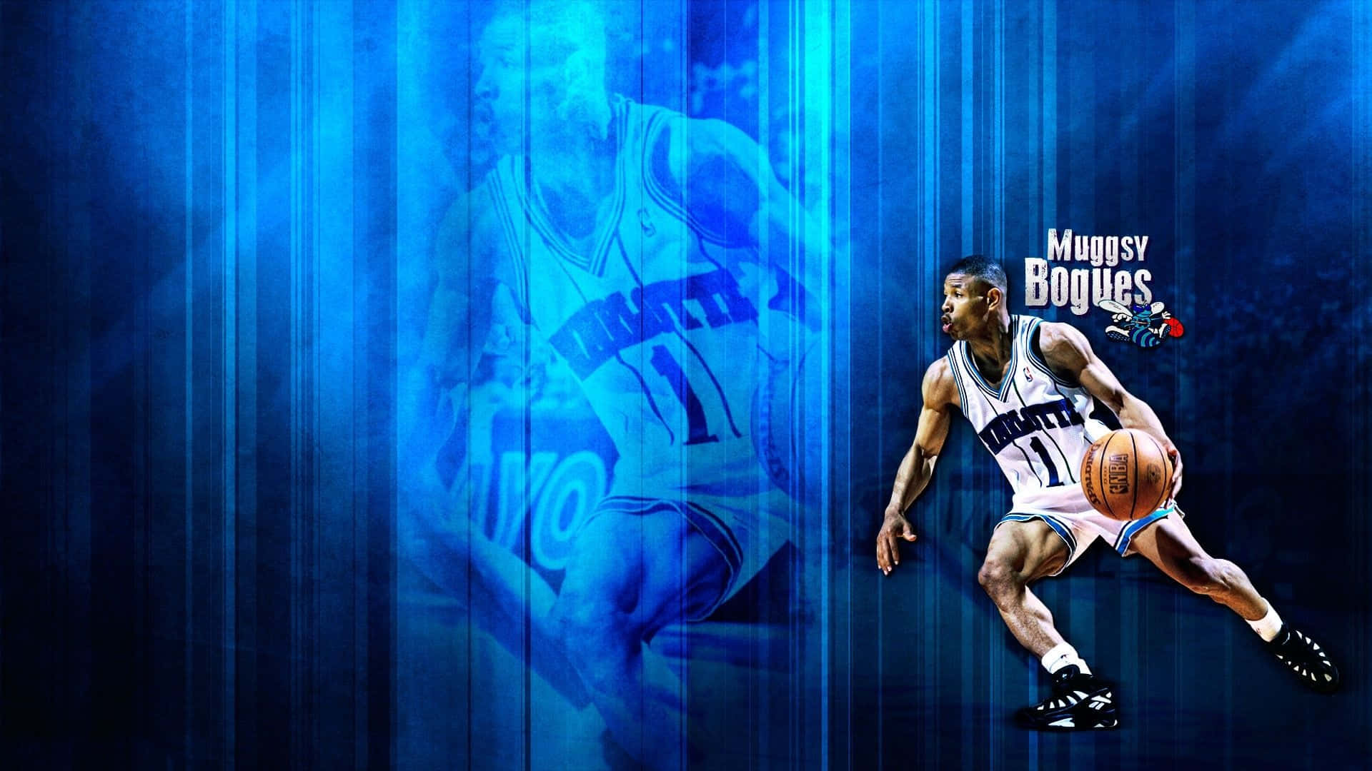 Muggsy Bogues 在藍色燈光數碼藝術作品中運球，帶有幽靈重疊影像。