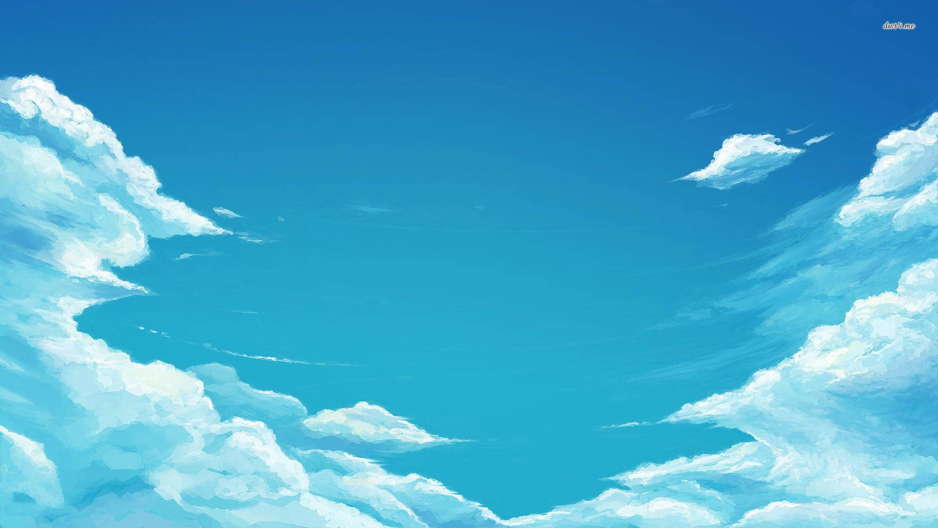 動漫風格的天空，蓬鬆的白雲映襯著充滿活力的藍色背景。