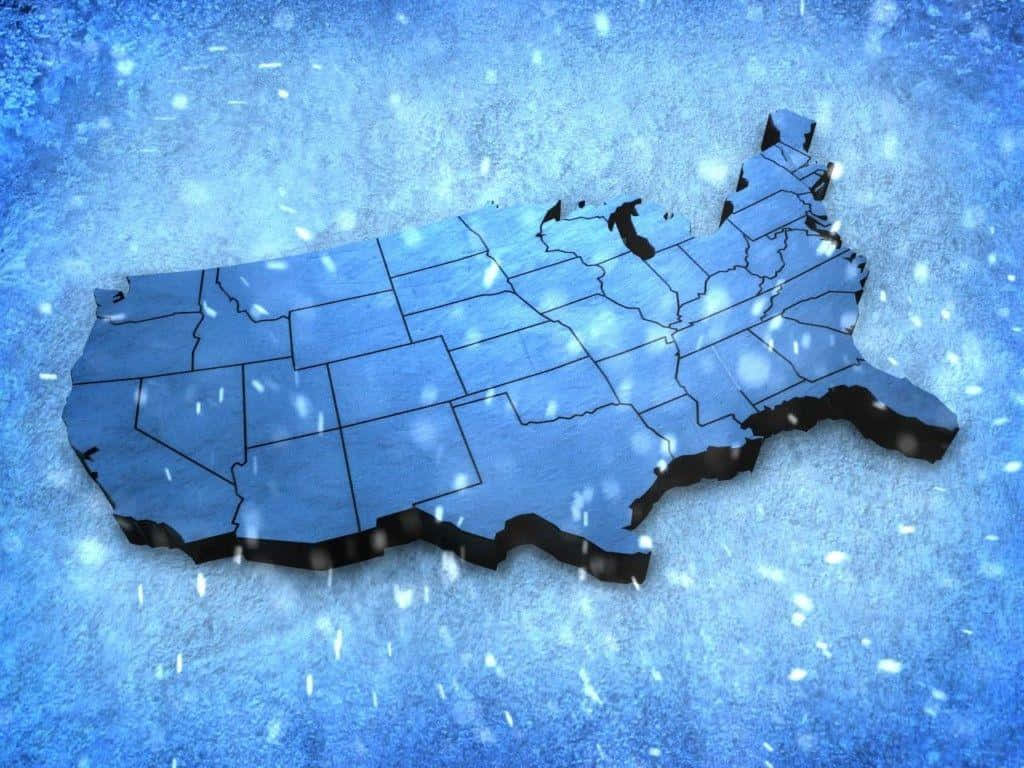Polar Vortex 桌布 壁紙 — 藍色美國的3D渲染地圖，雪花飄落在霜凍背景上。