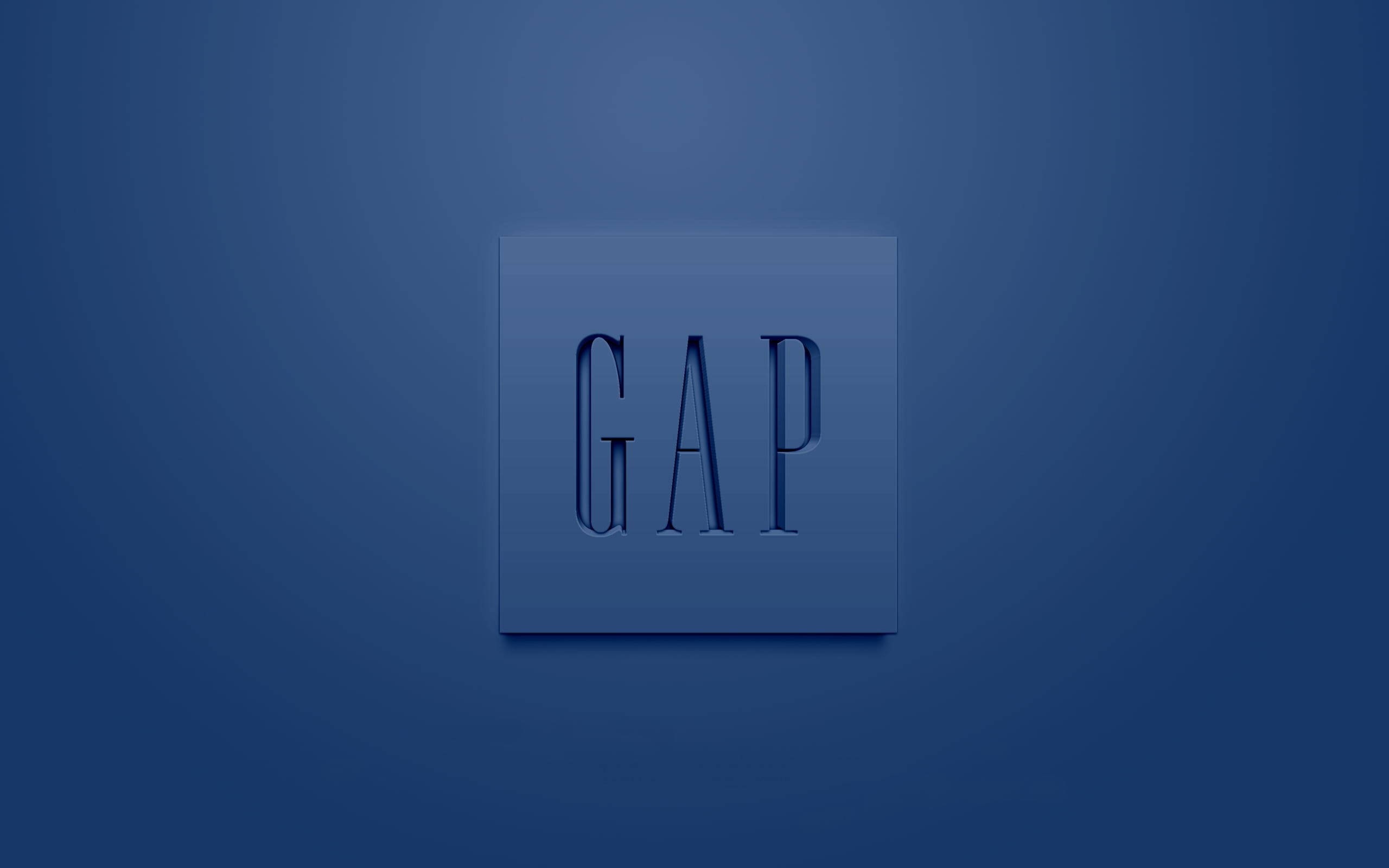 藍色美學 Gap 標誌 壁紙 — 一個極簡的藍色正方形標誌，中央有凸起的GAP字樣，背景為漸變藍色。