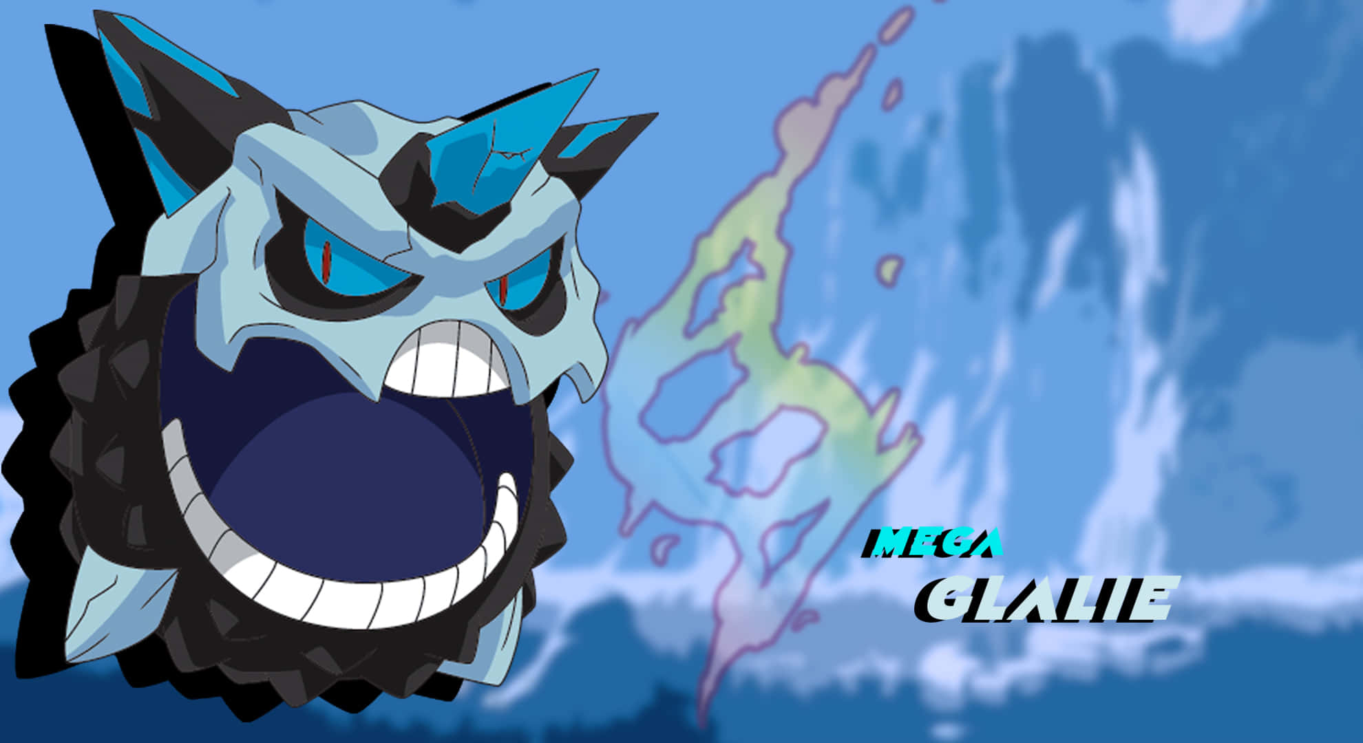 藍色美學Mega Glalie桌面壁紙 壁紙 — Mega Glalie 在旋轉的霜凍背景下，用冰藍色的眼睛和鋸齒狀的尖刺咆哮。