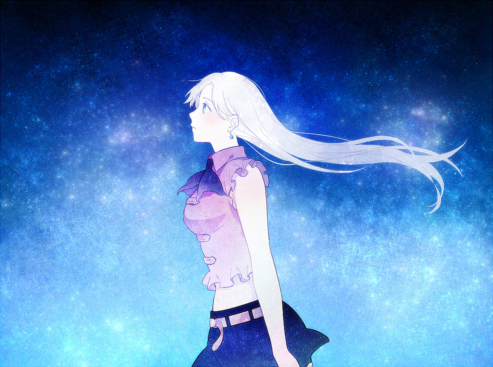 白髮動漫女孩站在星光閃爍的藍色天空下。