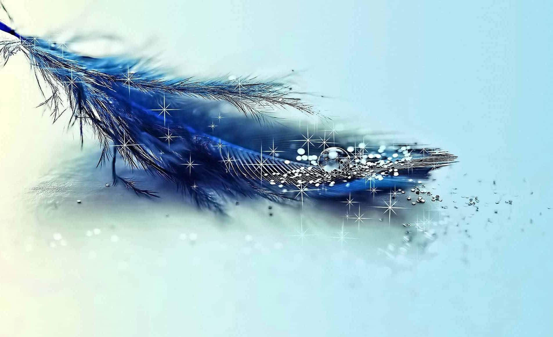 一根藍色羽毛，帶有閃爍的星星和亮片，置於柔和的漸變背景上。