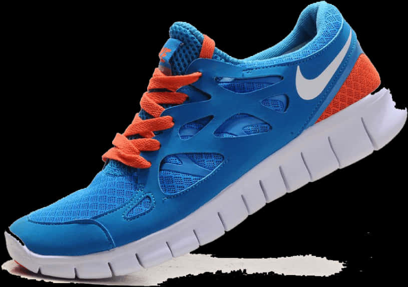 藍色耐克跑鞋配橙色鞋帶 壁紙 — 一雙充滿活力的藍色和橙色Nike跑鞋，白色鞋底，在黑色背景上清晰展示細節。
