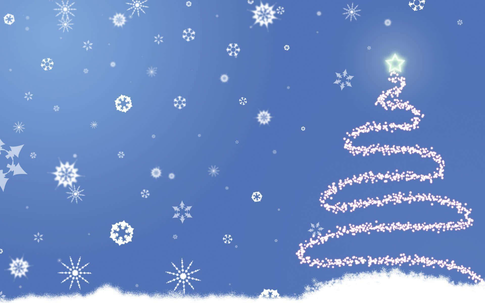 藍色聖誕主題：雪花與聖誕樹 壁紙 — 一個由燈光製成的發光螺旋聖誕樹，矗立在充滿飄落雪花和雪地的藍天下。