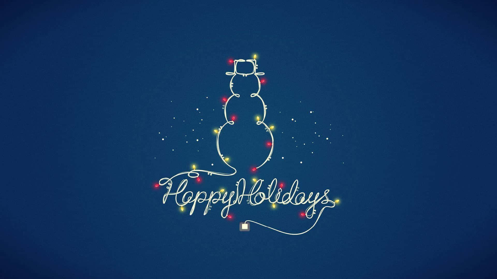 節日雪人輪廓，帶有燈光和Happy Holidays文字，藍色背景。