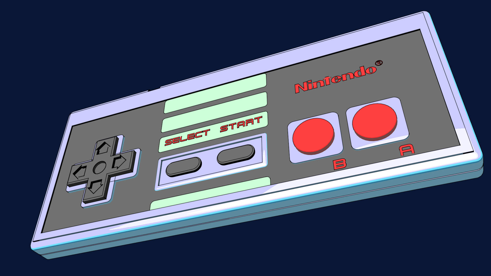 藍色背景 NES 控制器 壁紙 — 經典任天堂娛樂系統控制器以3D渲染，帶有發光按鈕和時尚金屬質感，背景為深藍色。