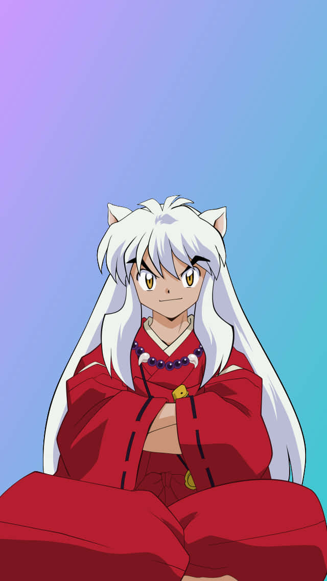 藍色背景《犬夜叉》手機壁紙 壁紙 — 動漫角色犬夜叉，白髮紅和服，自信地坐在紫色到藍色的漸變背景前。