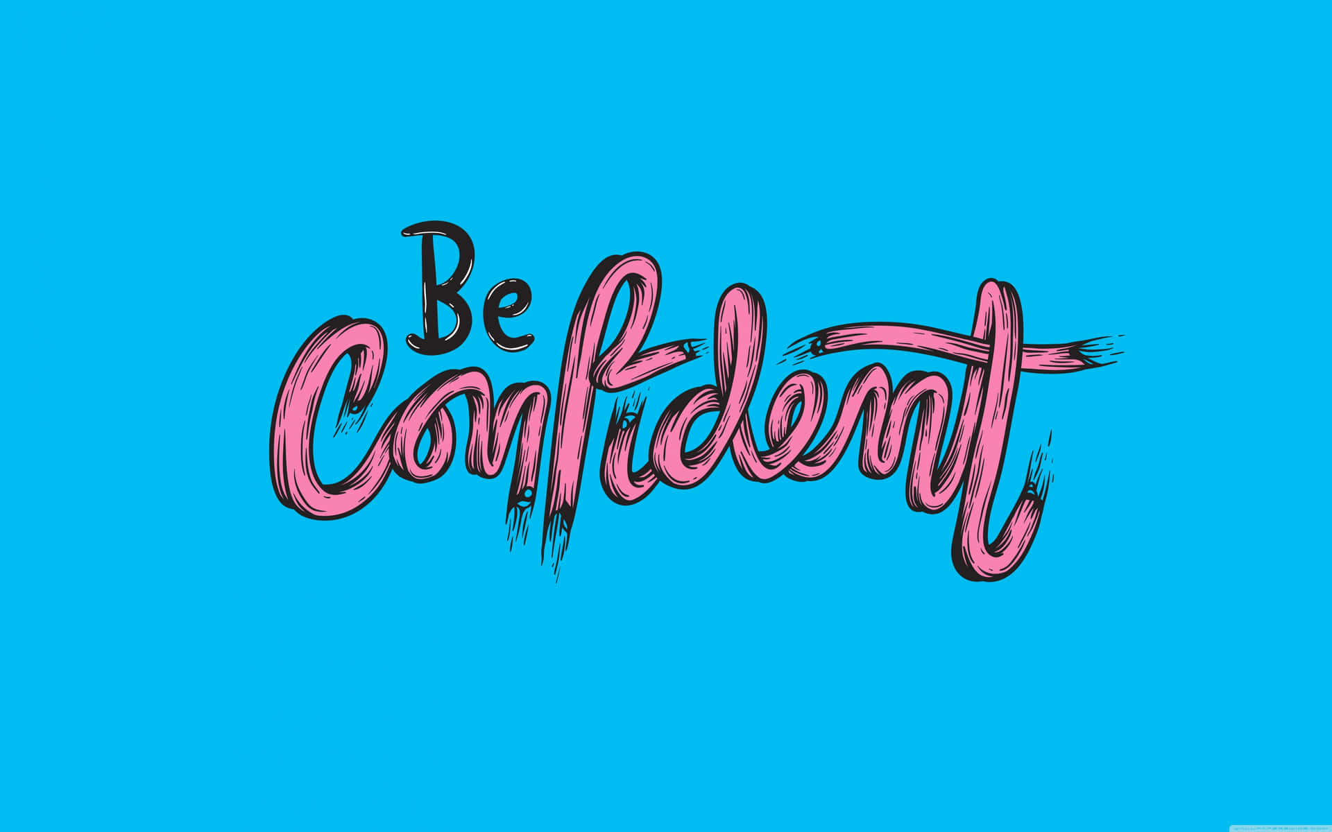 在青色背景上以大膽粉紅色筆觸字母書寫的勵志短語「Be Confident」。