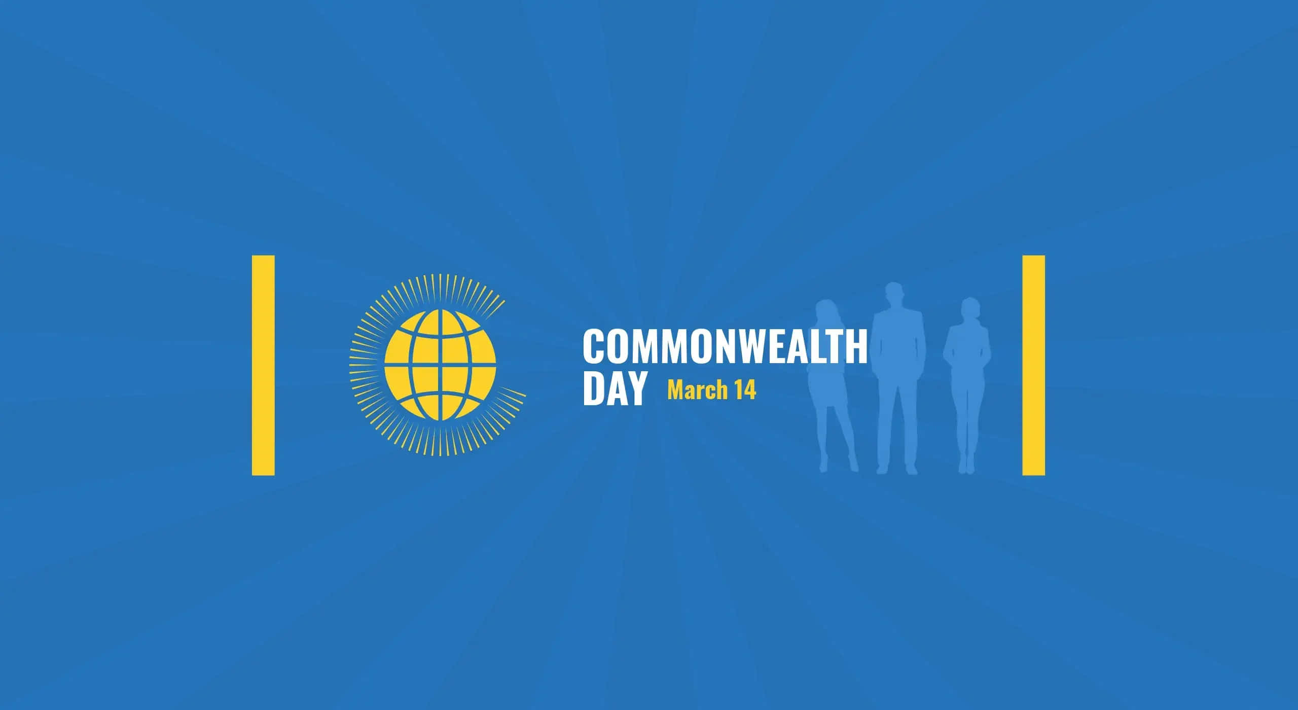 Commonwealth Day 桌布 壁紙 — 藍色背景，黃色地球標誌和三個人的剪影慶祝3月14日英聯邦日。