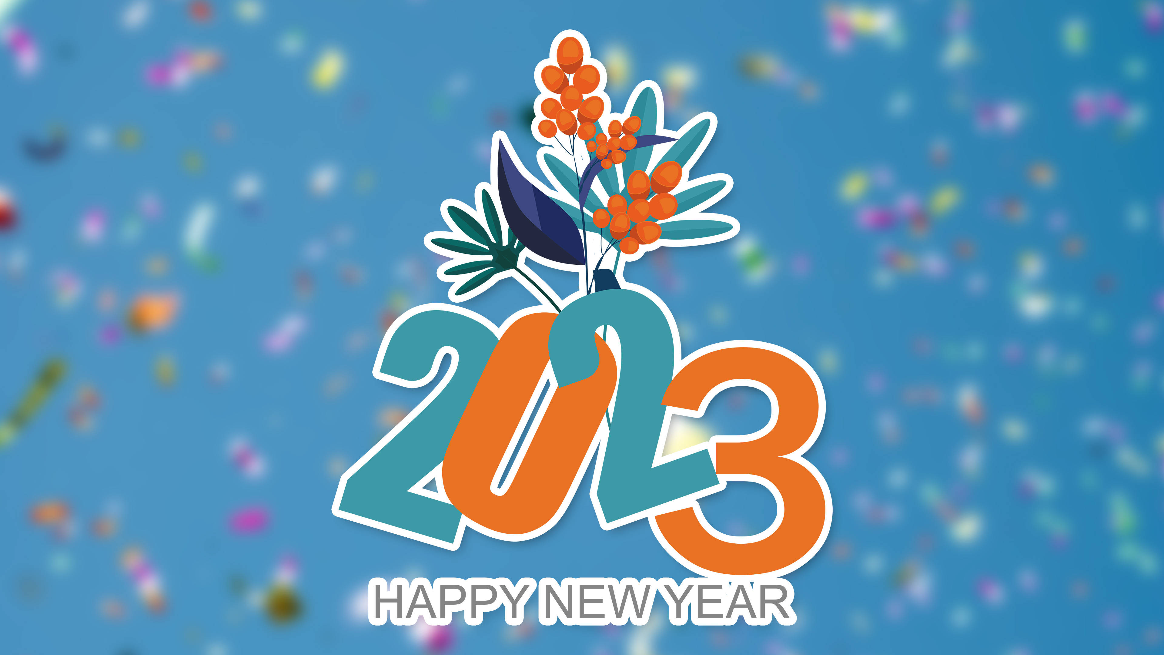 藍色背景上帶有彩色花朵和五彩紙屑的新年快樂2023圖形。 — 新年快樂 GIF 壁紙