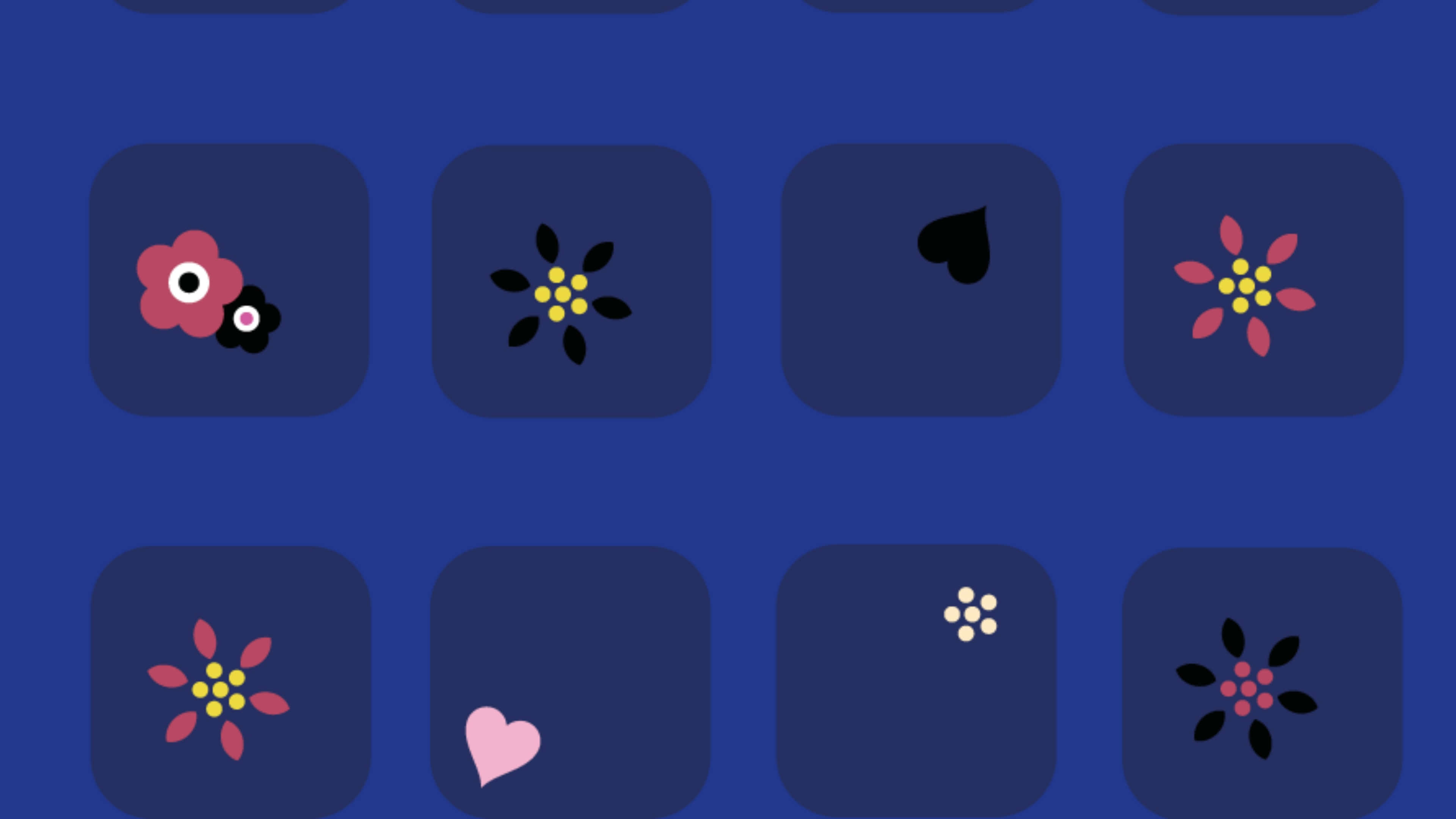 iPhone Home Screen 桌布 壁紙 — 藍色背景上深色圓角正方形的網格，每個都包含粉紅色、黃色和黑色的風格化花朵或心形圖標。