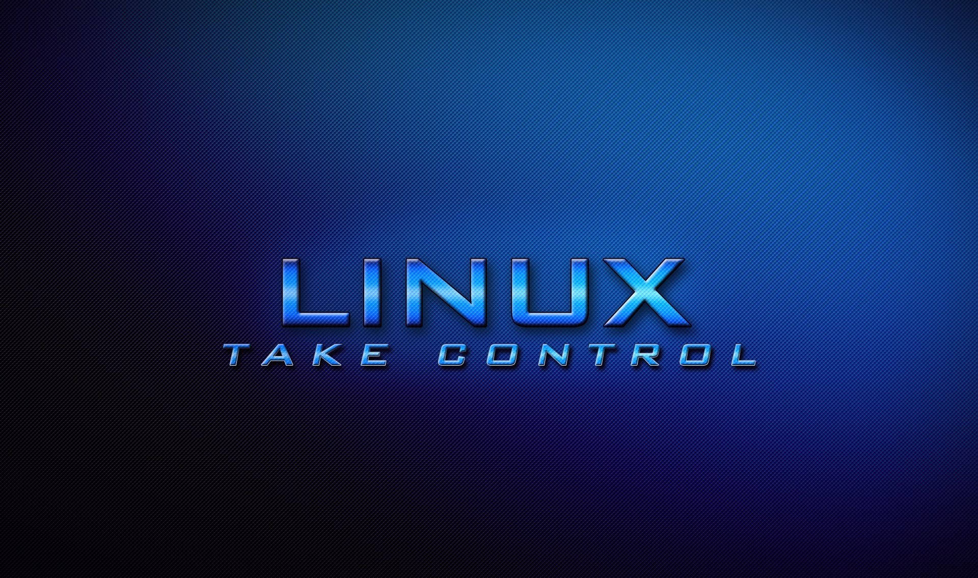 藍色背景上的Linux標誌 壁紙 — 大膽的金屬藍色 Linux 標誌，帶有 'TAKE CONTROL' 文字在漸變藍色紋理背景上發光。
