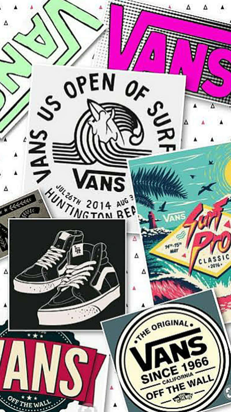 Vans品牌拼貼畫，包含具有大膽圖形的滑板與衝浪活動海報。