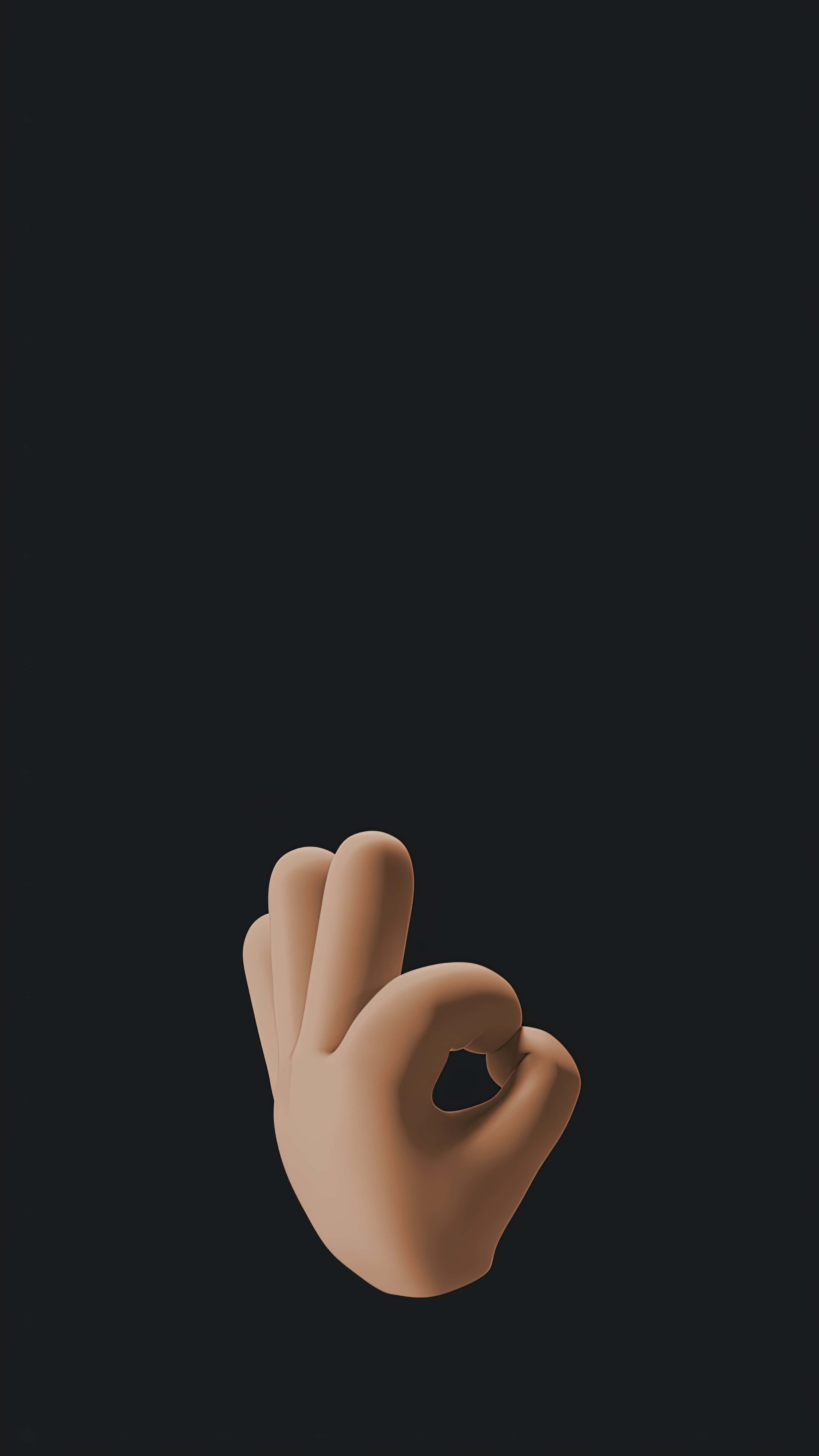 藍色背景上的多彩Emoji陣列 壁紙 — 一隻極簡3D渲染的手在純色深色背景上做出OK手勢。