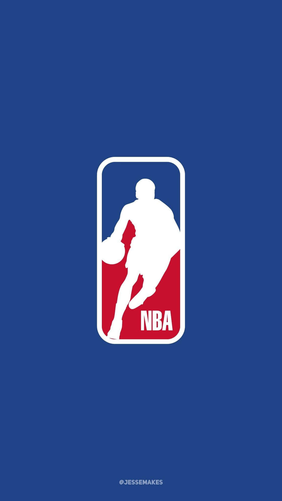 NBA標誌，白色籃球運動員運球剪影在紅色和藍色背景上。