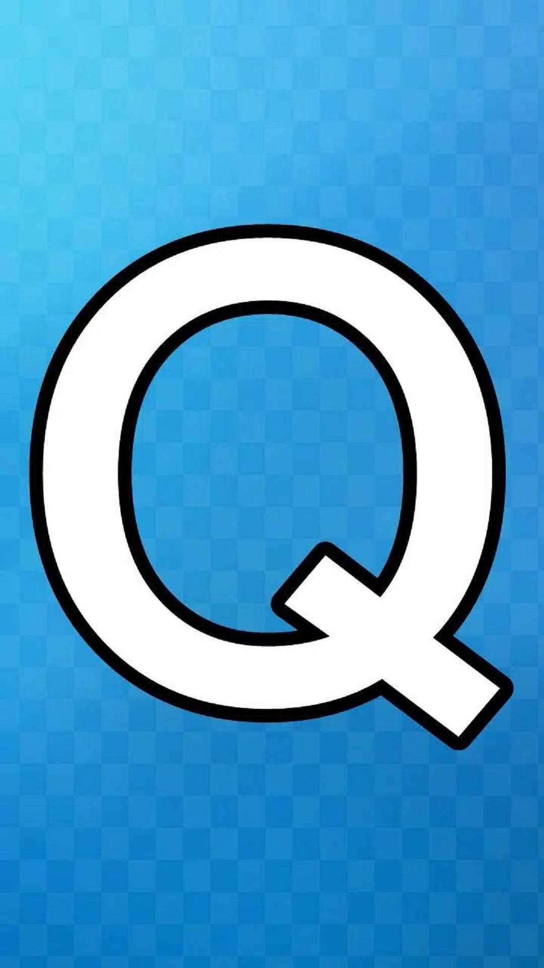 藍色格子背景上帶黑色輪廓的大型白色字母Q。