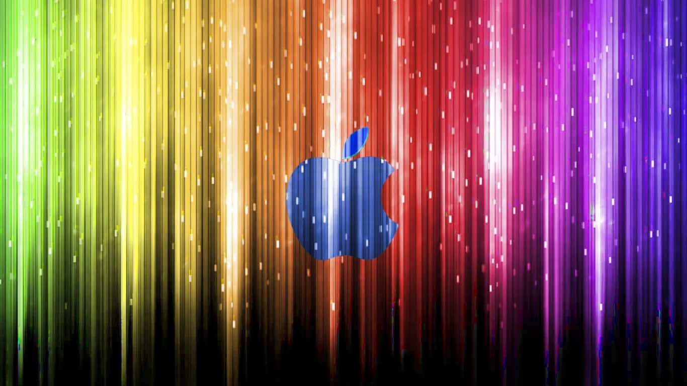 藍色背景上的蘋果 壁紙 — 藍色Apple標誌居中，背景為垂直光條的鮮豔彩虹漸變。