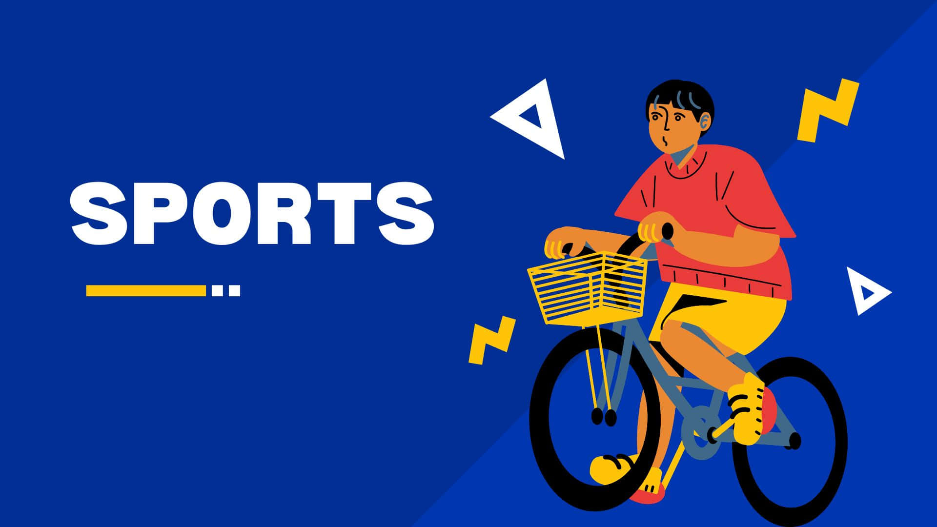 一個人騎著帶有籃子的單車，背景是藍色，帶有幾何形狀和「sports」字樣。