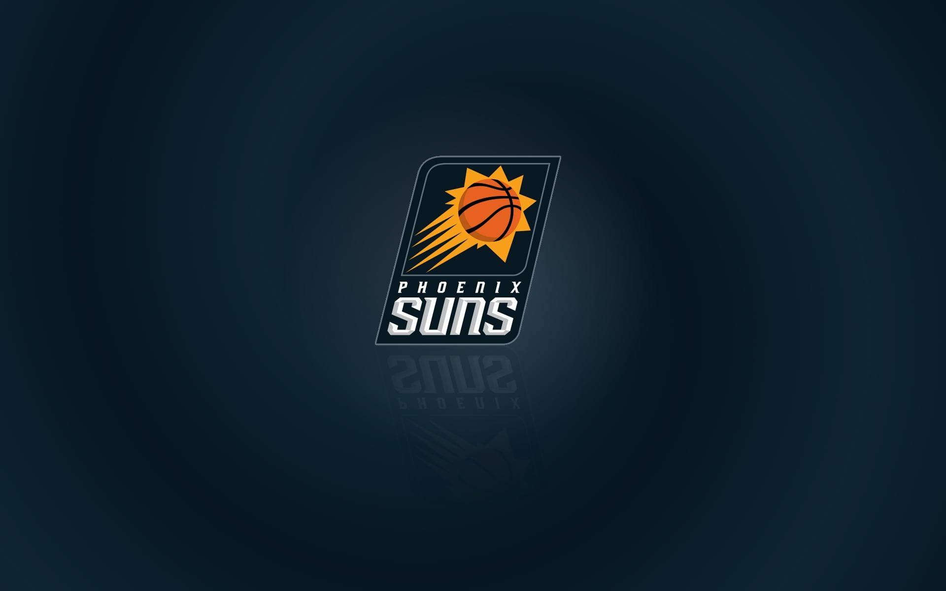 鳳凰城太陽隊NBA球隊標誌在深藍色背景上帶有鏡像反射。