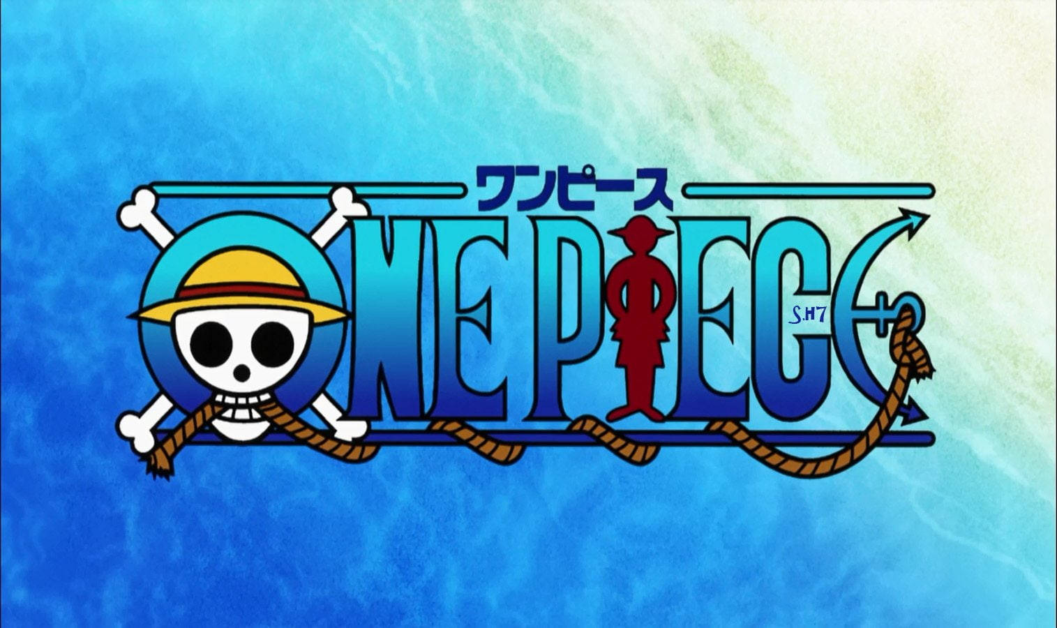 One Piece 動畫標誌，藍色水背景上有骷髏頭和草帽。