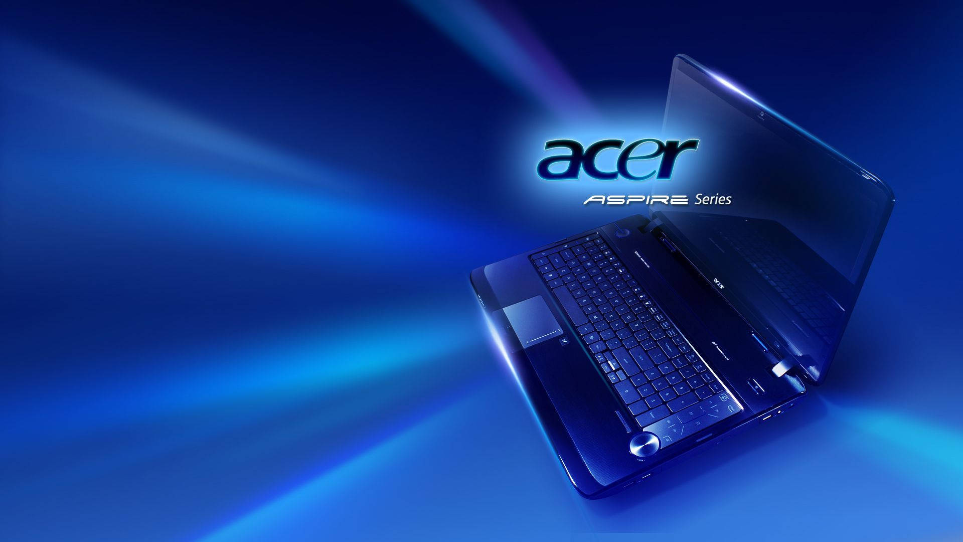 Acer Aspire筆記型電腦在藍色漸變背景上帶有發光的藍色燈光效果。